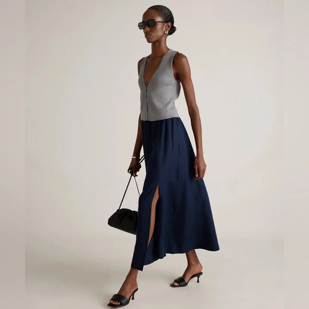 NWT Quince 100% European Linen Maxi Skirt Navy Size Small - Picture 1 of 5